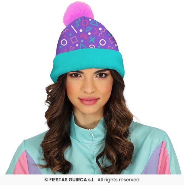 bonnet laine turquoise rose fluo