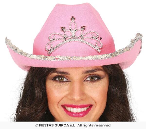 chapeau cow boy couronne rose pailleté